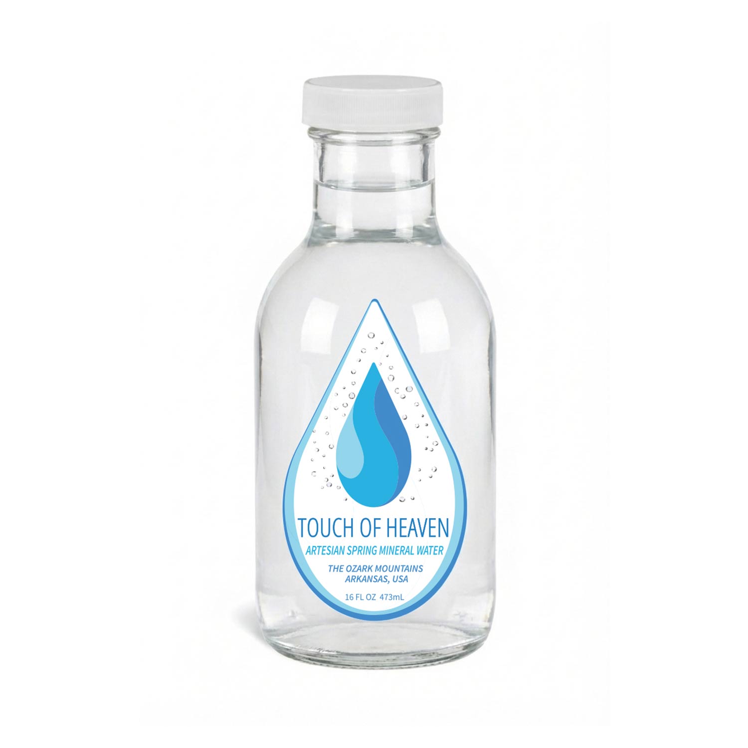 Clear glass water bottle with 'Touch of Heaven' label on a white background